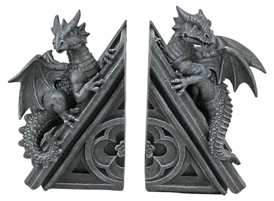 Drachen-Bücherstützen, 2er-Set, Polyresin, grau, 20,25 cm