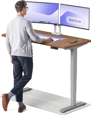 Produktbild von Desktronic HomePro Elektrisch höhenverstellbarer Schreibtisch 140x70cm Grau/Walnuss mit Memory-Funktion, Anti-Kollisions Technologie, USB-A und USB-C-Ladeanschlüssen