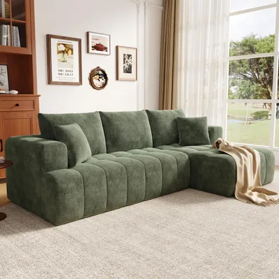 Obrázok produktu pre Merax L-tvarová 3-miestna rohová pohovka, modulárna pohovka Cloud, Chenille Soffa, s 5 vankúšmi, do obývacej izby, bez nutnosti montáže, bez rámu, zelená