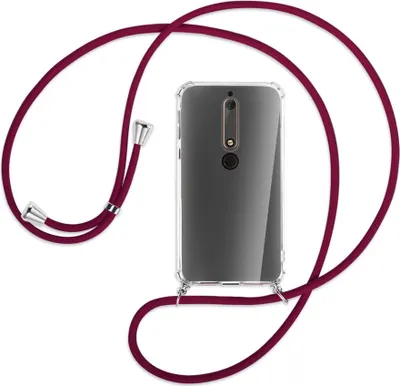 Produktbild von Handykette Backcover-Schutzhülle mit Band (Metall silberfarben) für Nokia 6.1 - dunkelrot