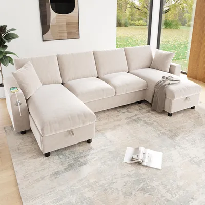 Produktbild von STILVORA U-Sofa 2-Sitzer mit 2 Chaiselongue-Elementen und Stauraum, Wohnzimmersofa mit USB- und Type-C-Anschluss, Ecksofa modular ,Chenille,Beige