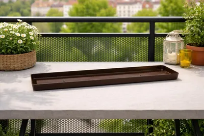 Produktbild von 25x Balkonkasten-Untersatz L60 SUPER ca. 60x15x3 cm – brauner Kunststoff-Untersetzer für Balkon- & Blumenkästen
