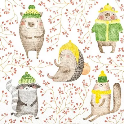 Produktbild von 20 Servietten Sweet Buddies - Lustige Herbsttiere mit Mützen 33x33cm