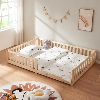Image de Lit d'enfant 'Tanna' lit de sol 140 x 200 cm Lit Montessori avec protection antichute pin naturel