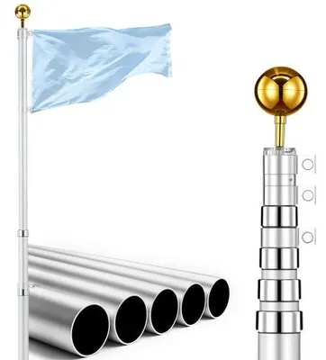 Produktbild von VEVOR Teleskop Fahnenmast 6 m, Flaggenmast-Set für den Außenbereich, Extra Dicke Aluminium-Fahnenstange mit PVC-Bodenhülse, Ideal für Garten, Private & Gewerbliche Nutzung, Silber