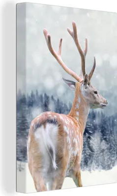Produktbild von MuchoWow® - Leinwandbilder - Winter - Hirsche - Tiere, Wandbild, Wanddeko Bilder Wohnzimmer, 60x90cm