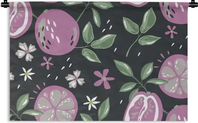 Produktbild von MuchoWow® Wandteppich Wandbehang Sommer - Blumen - Obst - Schwarz 60x40 cm Tapisserie Dekoration Wandtuch - Wanddekorationen