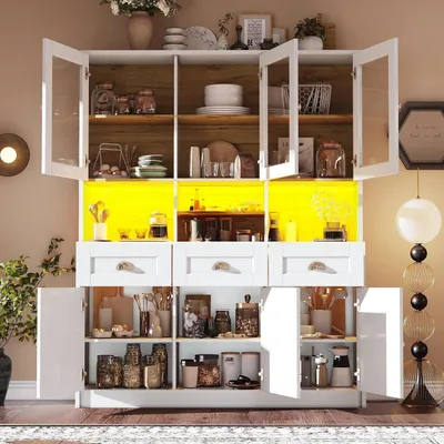 Image de Armoire de cuisine haute avec éclairage LED et porte en verre, dimensions 140x40x175 cm, couleur blanche