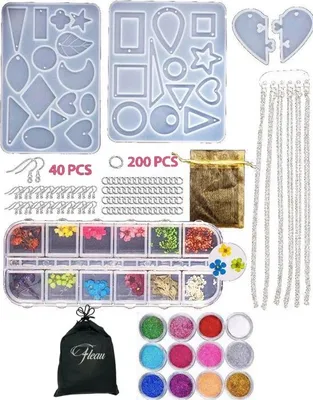 Produktbild von Fleau Epoxy Starter Kit - 295 kusov - s náušnicami a náhrdelníkmi - Silikónové formy - Výroba šperkov - Živica - 12 farieb