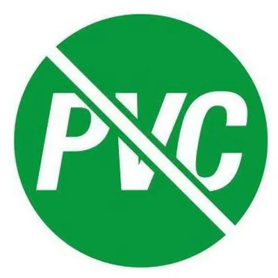 A green circle with a white diagonal line and the letters PVC in white.