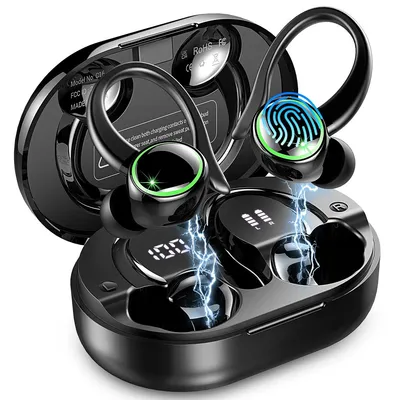 Kabellose Bluetooth 5.3 Sport Kopfhörer mit ENC Dual Mikrofon, 40H Akku, LED-Display,Geräuschreduzierung & Ohrbügel-Design,Schwarz