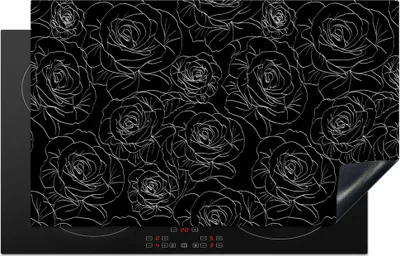 Produktbild von KitchenYeah© Herdabdeckplatte Rosen - Schwarz und Weiß - Muster , 83x51cm, Küche Deko, Glaskeramikkochfeld Herdabdeckung, Abdeckplatte fùr Kochfeld