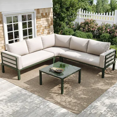 Produktbild von Flieks Gartenlounge-Set 2-tlg. mit Gartentisch, Balkonmöbel Terassenmöbelset für 5 Personen, Loungegartenmöbel Gartengarnitur mit Kissen, Grün