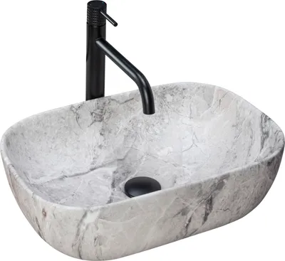 A countertop sink with a modern black faucet.