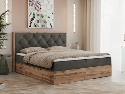 Produktbild von MKS MEBLE Boxspringbett 200x200 mit Bettkasten Eiche, Polsterbett 200x200 mit Matratze H3, Bett 200x200 mit Kopfteil, Bett mit Holzrahmen in Wotan Eiche - Dunkelgrau Velvet - Veneto