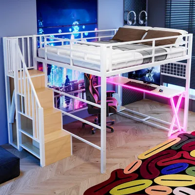 Productafbeelding van okwish Jugendbed 160x200 met LED-verlichting, bureau en kledingkast, hoogslaper met ladder en opbergruimte, metalen bed in wit, zonder matras