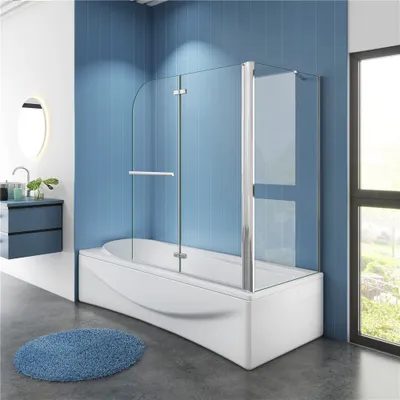 Produktbild von Aica Badewannenaufsatz Faltwand, 2-teilig, 120x140cm, 70cm Seitenwand, 6mm ESG Sicherheitsglas, Nano-Glas, Aluminiumrahmen Chrom glänzend, Handtuchhalter, beidseitige Montage, 600mm diagonale Wandhalterung