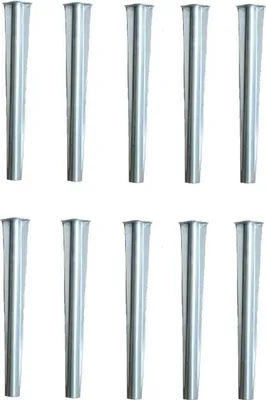 Ten metal ground anchors are arranged in two rows of five on a white background.
