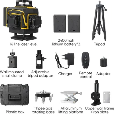 Produktbild von 4D Kreuzlinienlaser 16 Linien - Laser Wasserwaage - Selbstnivellierend 3° - 360° Linien - Mit Stativ - Kunststoffkoffer - Für Bau und Fliesen
