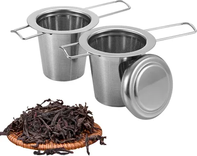Imagen del producto de Filtros para té de acero inoxidable, de malla fina, 2 unidades con tapa y asa plegable, ideales para la cocina y para acampar