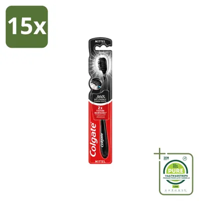 Imagen del producto de 15 cepillos de dientes Colgate 360 Black Charcoal, tamaño medio, color , pack grande, 15 unidades
