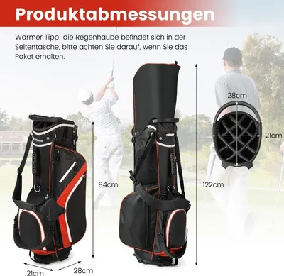 Zdjęcie produktu dla Torba golfowa z 14 przegródkami, 6 kieszeniami, pokrowcem przeciwdeszczowym, czerwona