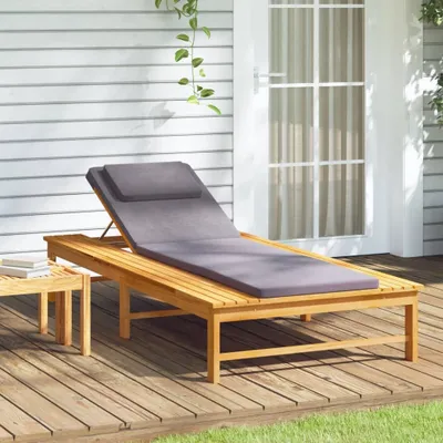 Image de The Living Store Bain de soleil avec coussin gris foncé et revêtement en bois massif d'acacia