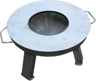 A round metal grill plate with a central opening, supported by three legs.