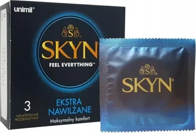 A box of SKYN condoms and one individual condom wrapper.