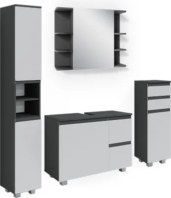 A set of modern bathroom furniture pieces displayed against a white background.