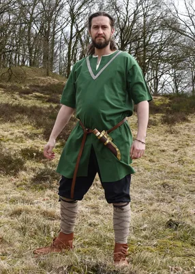 Produktbild von Mittelalter-Tunika Ailrik mit Bordüre, kurzarm, grün - Mittelalterkleidung Herren Kostüme Wikinger LARP Größe: L