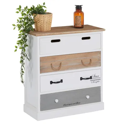 Produktbild von Kommode SALVA mit 4 breiten Schubladen, praktisches Schubladenregal im Vintage Look, Flurkommode in weiß lasiert mit farbigen Schubkästen