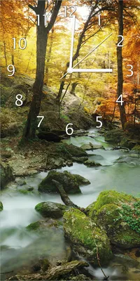 Produktbild von Wallario Design Wanduhr Wasserfall mit moosbedeckten Steinen im Herbstwald aus Echtglas, Größe 30 x 60 cm