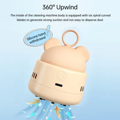 A cute, cartoon-like mini vacuum cleaner with text overlays describing its features.