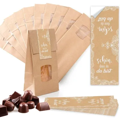 Produktbild von Verpackung 10 kleine braune Blockbodenbeutel Geschenk-Tüte MIT Fenster + Pergamineinlage 10,5 x 6,5 x 29 cm + 10 Aufkleber 5 x 15 cm Welt nur für Dich rosa pink HERZ"Schön, dass du da bist" beige, weiß / 25 Stück