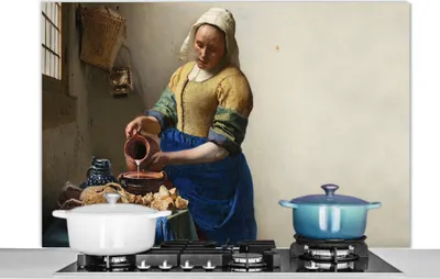 Produktbild von KitchenYeah®  Spritzschutz Küche - Küchenrückwand - Wandschutz für Herd und Spüle - Das Milchmädchen - Kunst - Alte Meister - Vermeer 120x80 - Alu-Dibond (Alternative zum Spritzschutz aus Glas) - Hitz