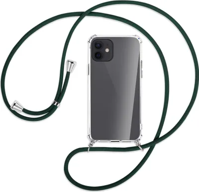 Produktbild von Handykette Backcover-Schutzhülle mit Band (Metall silberfarben) für Apple iPhone 12, 12 Pro - dunkelgrün