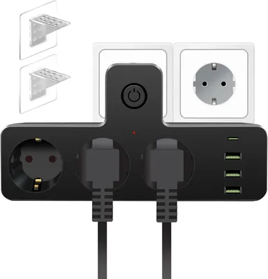 Produktbild von Verteilerleiste mit 3 Steckplätzen – Mehrfachsteckdose mit Überspannungsschutz – Steckdosenleiste mit 4 USB-Anschlüssen