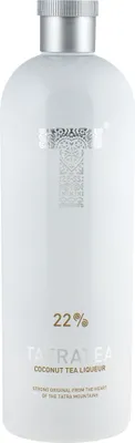 A white bottle of Tatratea Coconut Tea Liqueur.