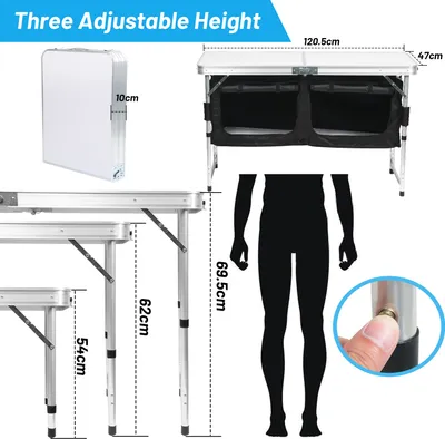 Produktbild von Campingtisch 120x47x68cm, Campingküche aus Alu, faltbar Campingschrank, mit 2 Aufbewahrungsfächern, Höhenverstellbar inkl Tragetasche