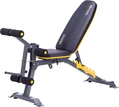 A weight bench with adjustable backrest and leg extension attachment, shown against a white background.