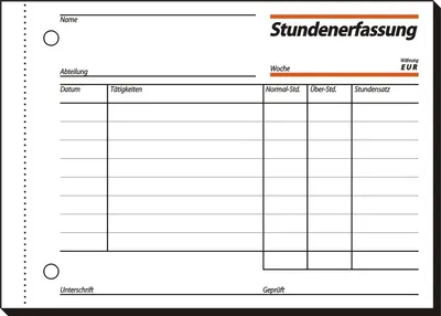 Produktbild von Stundenerfassung A6 quer 60g/qm mit Blaupapier 50 Blatt Packung mit 10 Stück