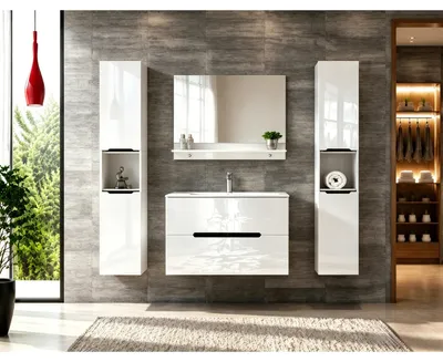 Produktbild von Faizee Home Badmöbelset Aliyah 90 cm Schwarz Weiß inkl. Waschbecken, Spiegel & Regal