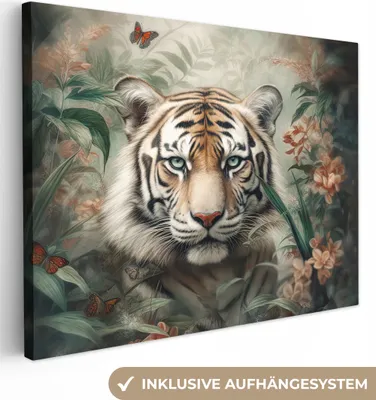 Produktbild von MuchoWow® - Leinwandbilder - Tiger - Schmetterlinge - Tiere - Dschungel - Blumen, Wandbild, Wanddeko Bilder Wohnzimmer, 120x90 cm