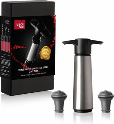 Image de Pompe à vin Vacu Vin - avec 2 bouchons - Economiseur de vin Acier inoxydable - Boîte - Argent