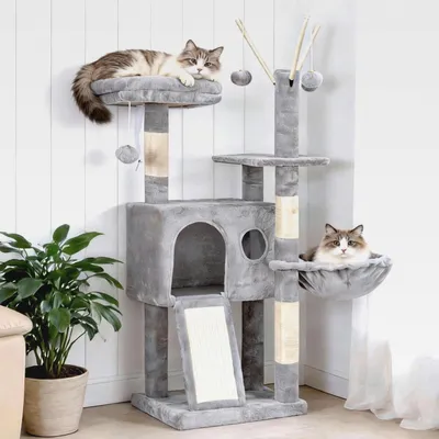 Produktbild von Kratzbaum, 105 cm Klein stabil Katzenbaum mit abnehmbaren Spielzeugen, Höhle, 1 Plattform, 1 Katzenkorb, Sisalkratzplatte und Plüschkugel, geeignet für Kätzchen, Hellgrau