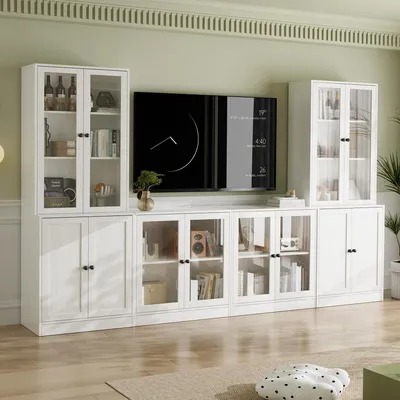 Immagine prodotto di Mobile TV con scaffali a giorno, 280 cm, bianco, per televisori fino a 70 pollici, con ante in vetro