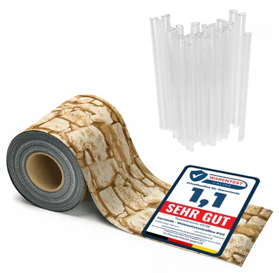 Produktbild von PVC für Doppelstabmattenzaun Rolle Band Folie Schutzstreifen Windschutz Bedruck (Originalstein, 19x50) GD-TAK-Strip