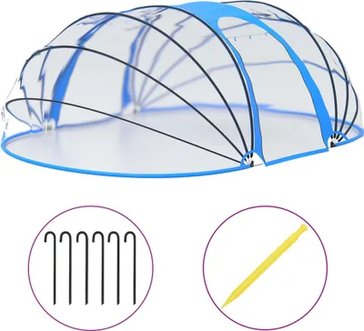 A transparent dome-shaped pool cover with blue trim, shown with accessories.