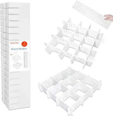 Zdjęcie produktu dla Regulowany organizer do szuflady o wysokości 9 cm, organizer do szuflady o długości 42 cm, biały organizer do szuflady, zestaw 8 plastikowych szuflad na sztućce, kuchnia, sypialnia, komoda